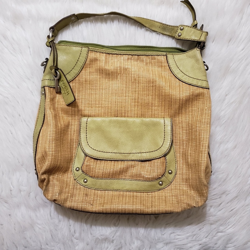Vintage Fossil Straw Bag With Green Leather Trim
